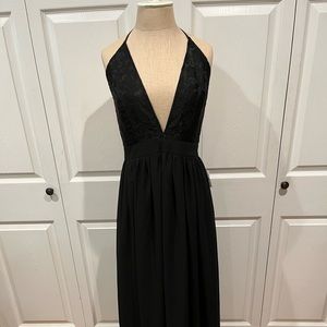 NWT Charlotte Russe Black Plunge Halter Maxi Dress with Lacey look bodice Sz M